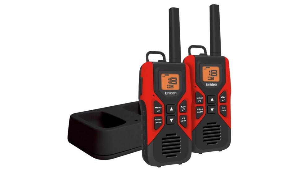 Uniden 30-Mile GMRS/FRS Radio - 2 Radios, Micro USB, Charge Cradle, headset jack, Red/Black GMR3055-2CK