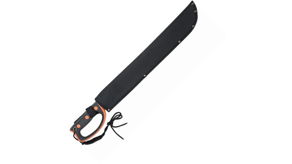 United Cutlery Columbian Machete Knife, 24in Overall, 18in Black Sawback SS Blade, Black/Orange Rubberized Synthetic Handle, Black Nylon Sheath, UC3353