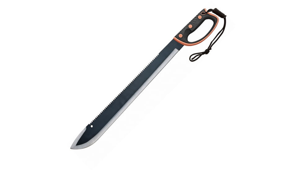 United Cutlery Columbian Machete Knife, 24in Overall, 18in Black Sawback SS Blade, Black/Orange Rubberized Synthetic Handle, Black Nylon Sheath, UC3353