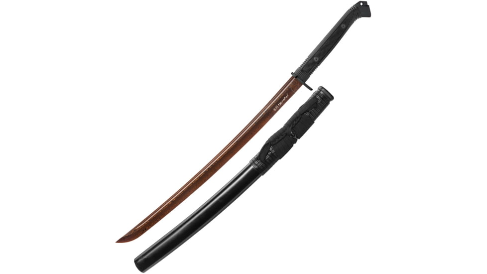 United Cutlery Honshu Damascus Wakazashi, 40.5in Overall, 30.25in Blade, Black Checkered Tpr Handle, SS Guard, Hellfire Damascus Steel Blade, Black Tpr Scabbard, Black, UC3125D