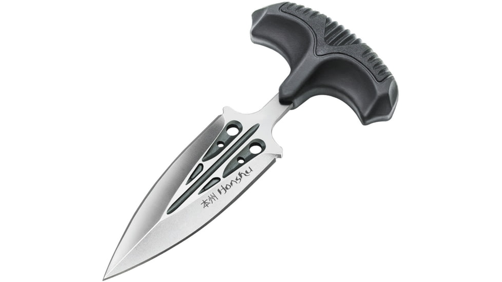 United Cutlery Honshu Large Push Dagger, 5.88in Overall, 3.38in Satin Double Edge 7Cr17Mov SS Dagger Blade, Black Tpr Handle, Black Leather Sheath, UC3250