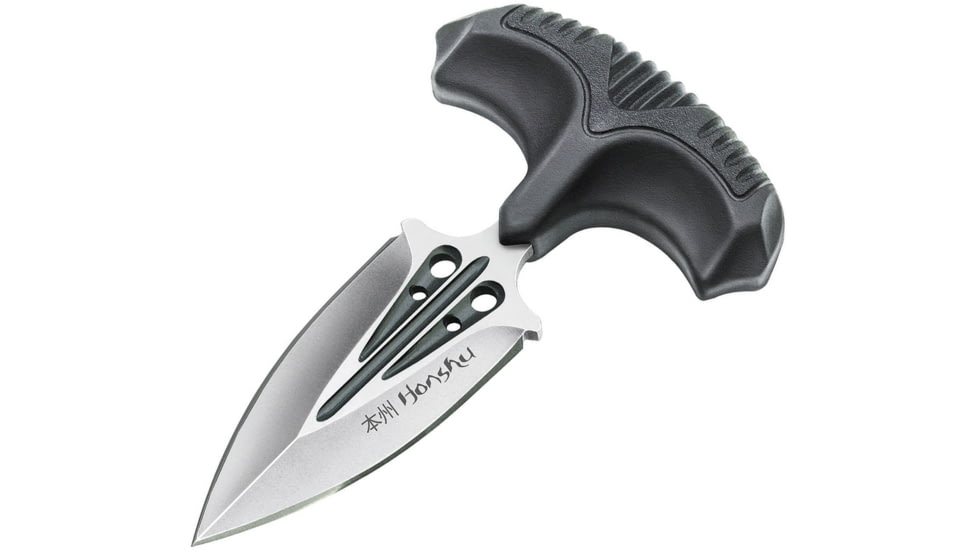 United Cutlery Honshu Small Push Dagger, 4.75in Overall, 2.63in Satin Double Edge 7Cr17Mov SS Dagger Blade, Black Tpr Handle, Black Leather Sheath, UC3251