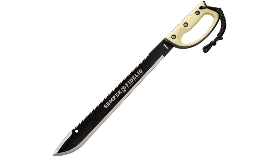 United Cutlery Semper Fi Sawback Machete Knife, 17.5 black coated sawback stainless blade, Tan TPR handle, UC3191