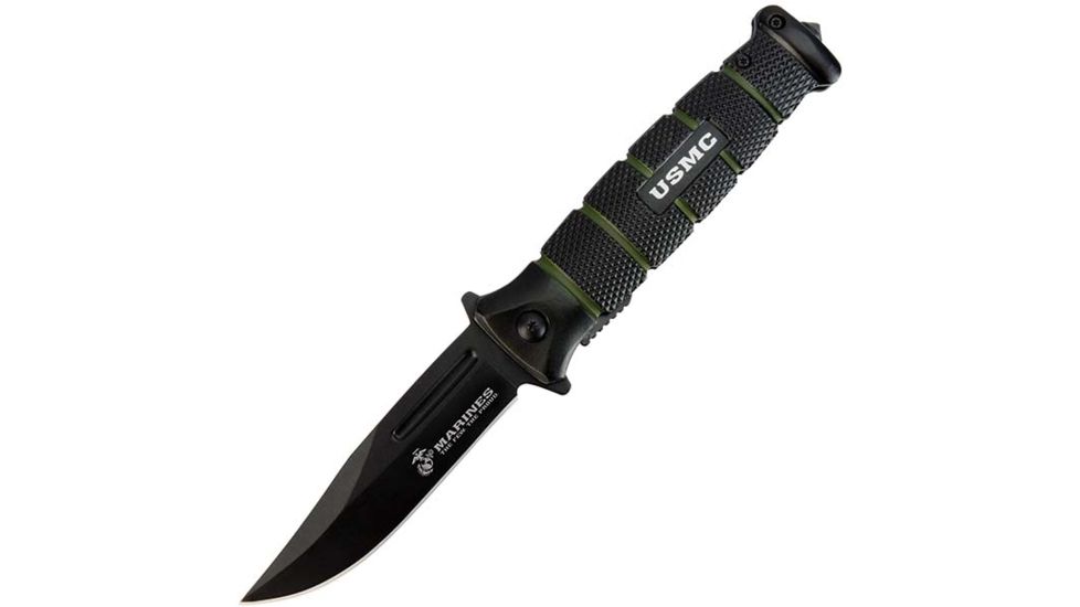 United Cutlery USMC Combat Folding Knife,3.5in,Black/Green Handle,Black Plain w/Clip UC3098