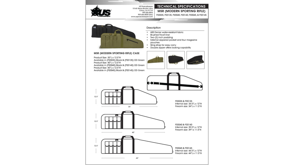 Us Peacekeeper 35in Msr Case Bl 4 Mag Pouches 600 Denier Odgk, P20135