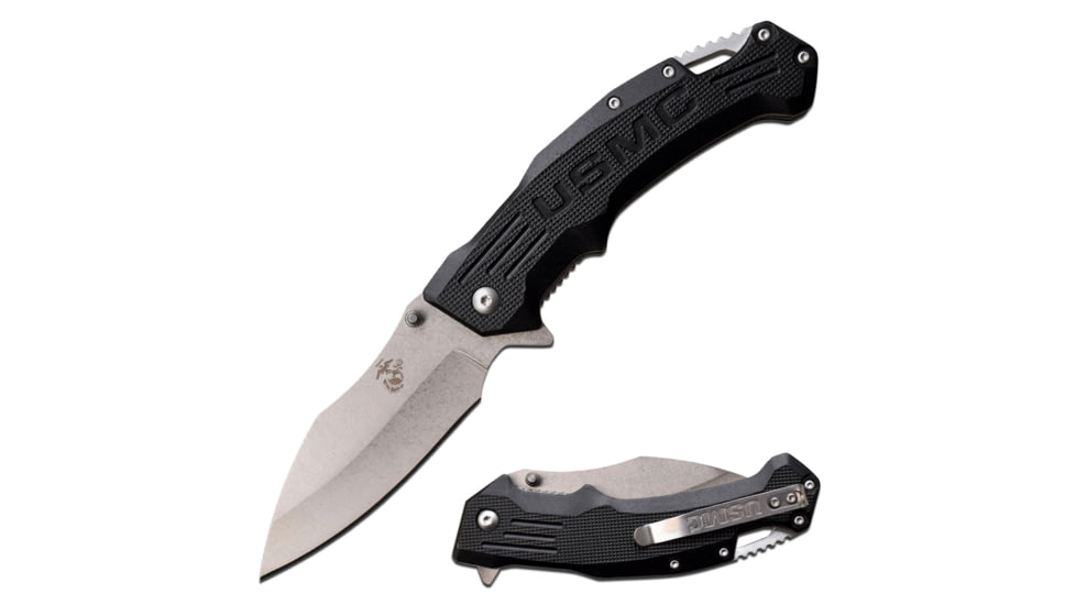 USMC Drop Point Spring Assisted Knife w/Pocket Clip, 3.5 in, 3Cr13 Stainless Steel Stainless Steel, Black, M-A1065BK