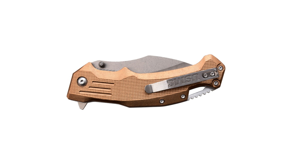 USMC Drop Point Spring Assisted Knife w/Pocket Clip, 3.5 in, 3Cr13 Stainless Steel Stainless Steel, Tan, M-A1065TN