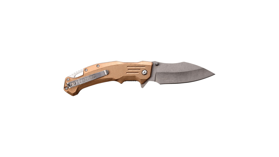 USMC Drop Point Spring Assisted Knife w/Pocket Clip, 3.5 in, 3Cr13 Stainless Steel Stainless Steel, Tan, M-A1065TN