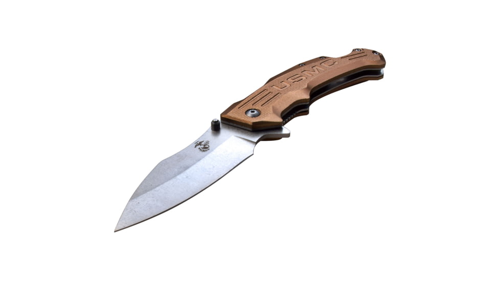 USMC Drop Point Spring Assisted Knife w/Pocket Clip, 3.5 in, 3Cr13 Stainless Steel Stainless Steel, Tan, M-A1065TN