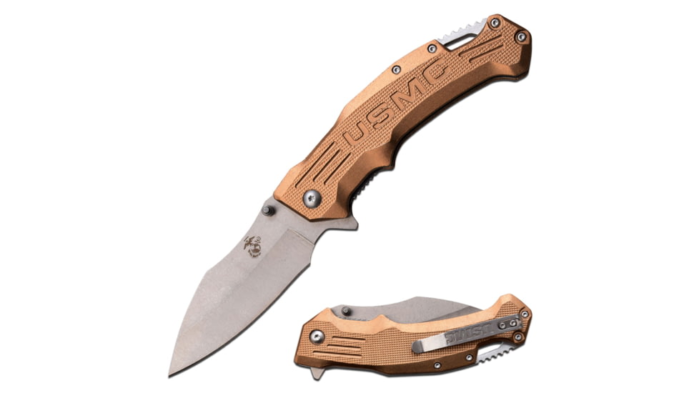 USMC Drop Point Spring Assisted Knife w/Pocket Clip, 3.5 in, 3Cr13 Stainless Steel Stainless Steel, Tan, M-A1065TN