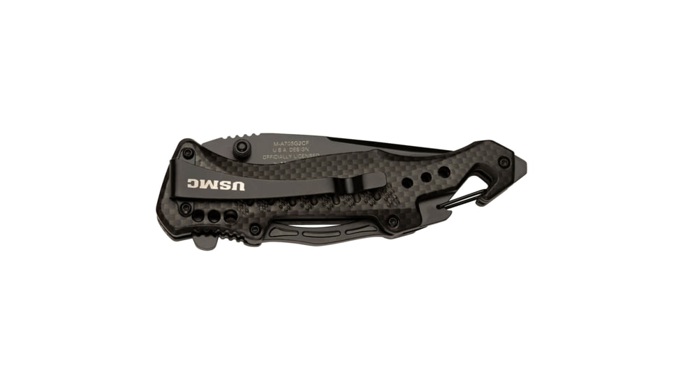 USMC Drop Point Spring Assisted Knife w/Pocket Clip and Bottle Opener, 3.5 in, 3Cr13 Stainless Steel Stainless Steel, Carbon Fiber Pattern, M-A705G2CF