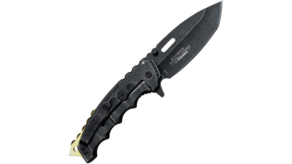 USMC Gold A/O Folding Knife, 5in Closed, 3.5in Black Finish Stainless Steel Blade, Black Stainless Steel Handle, M-A1066GSW