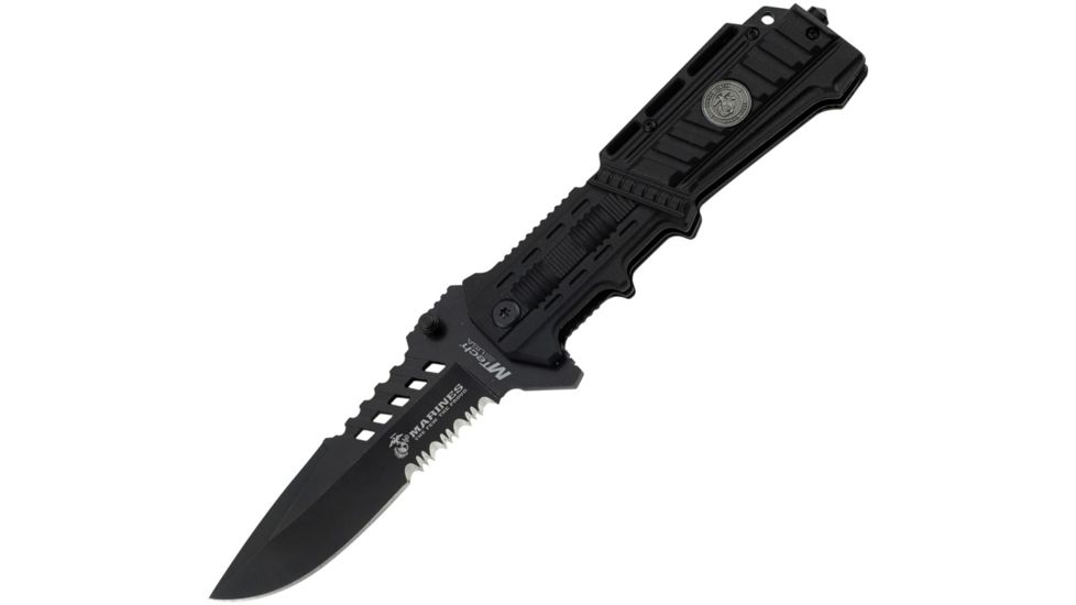 USMC Liberty I Tactical Lock Fold Knife, Black Partially SE, Black handle USM1000B
