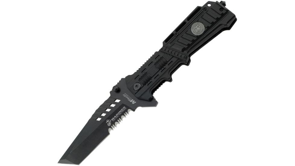 USMC Liberty II Tactical A/O Fold Knife, Black Partially SE, Black handle USMA1001B