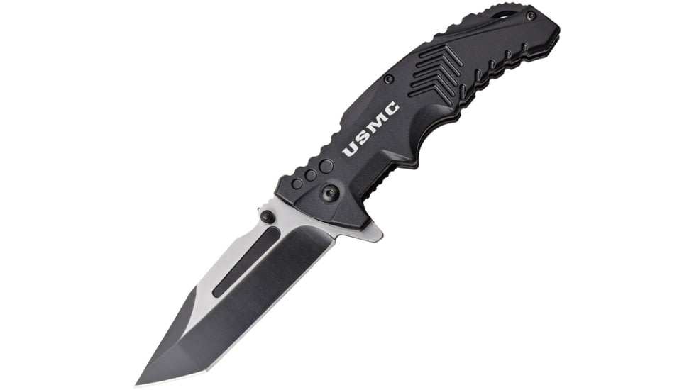 USMC Tanto Spring Assisted Knife w/Pocket Clip, 3.5 in, 3Cr13 Stainless Steel Stainless Steel, Black, M-A1058BK