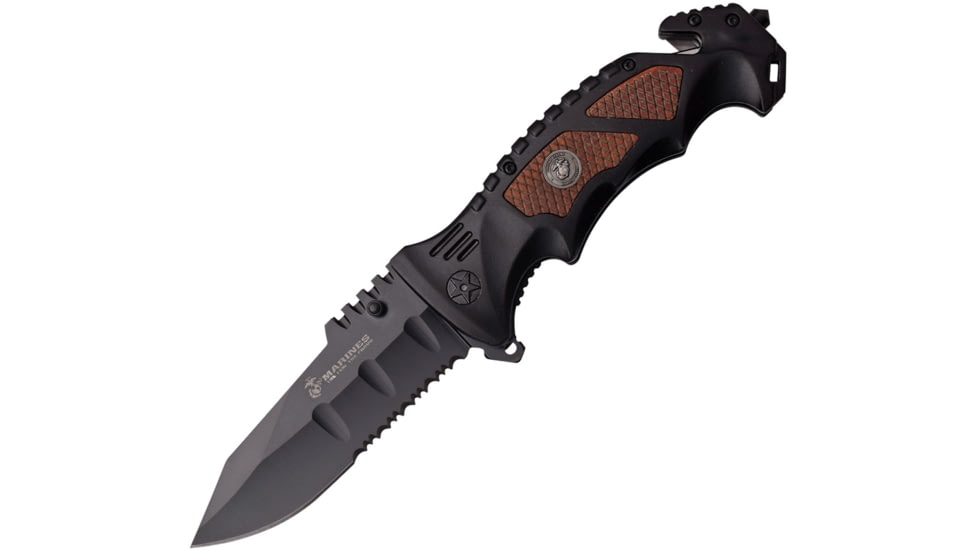 USMC Linerlock A/O Folding Knife, 5.25in Closed, 4in Black Partially Serrated SS Drop Point, Black Aluminum Handle Brown Checked Pakkawood Handle Inserts, M-A1048BW