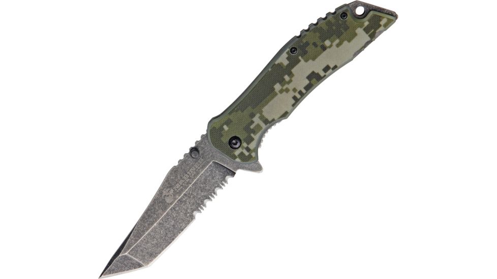 USMC Linerlock Digital Green A/O Folding Knife,3.625in,Stainless Steel,Partially Serrated,Tanto,Black Stonewash Handle,Box USMA1038DG