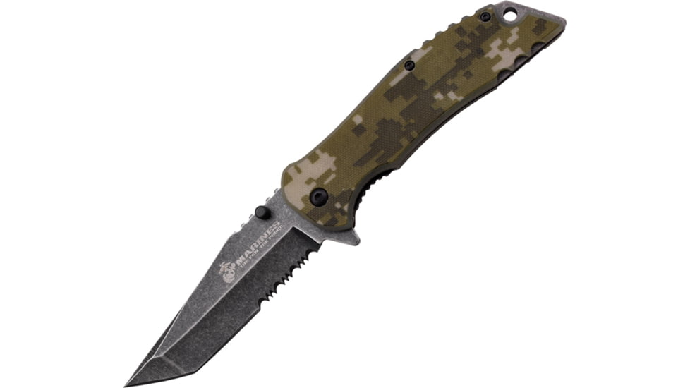USMC Linerlock Digital Green A/O Folding Knife,3.625in,Stainless Steel,Partially Serrated,Tanto,Black Stonewash Handle,Clam Pack USMA1038DGCS