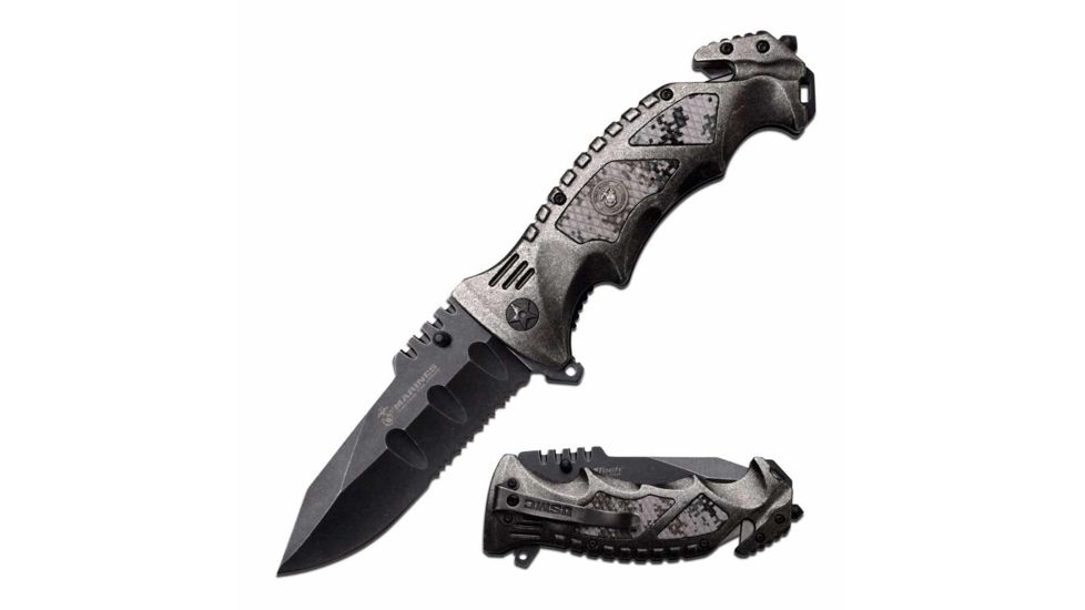 USMC M-A1048SC Spring Assisted Knife, 4.1in, 3CR13 Stainless Steel, Spear Point, Half-Serrated, Black Blade, Stainless Steel/Pakkawood Handle, Stonewash/Camo, M-A1048SC