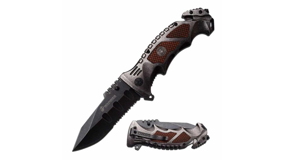 USMC M-A1048SW Spring Assisted Knife, 4.1in, 3CR13 Stainless Steel, Spear Point, Half-Serrated, Black Blade, Stainless Steel/Pakkawood Handle, Stonewash/Brown, M-A1048SW