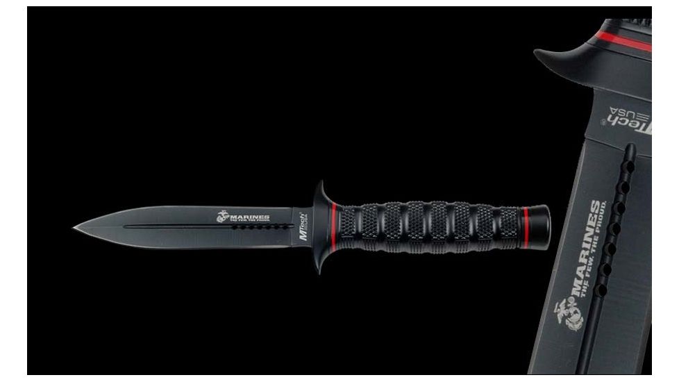 USMC Marine Fixed Blade Knife,5.25in,Black Double Edge Stainless Dagger Blade,Black Textured Alum Handle/Red Stripe Trim USM1025BK