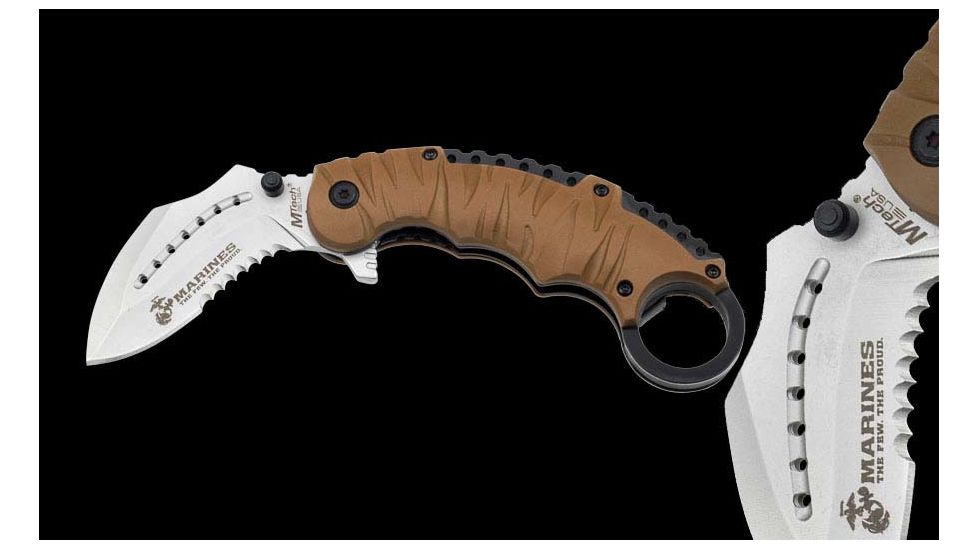 USMC Marine Karambit Linerlock Folding Knife,2.75in,Matte Karambit Style Blade,Textured Coyote Tan Rubber Onlay Handle USM1019TN
