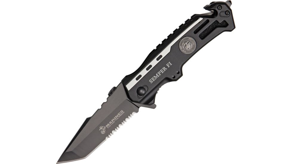 USMC Marines Rescue Linerlock, black finish stainless partially serated tanto blade USM1002TS