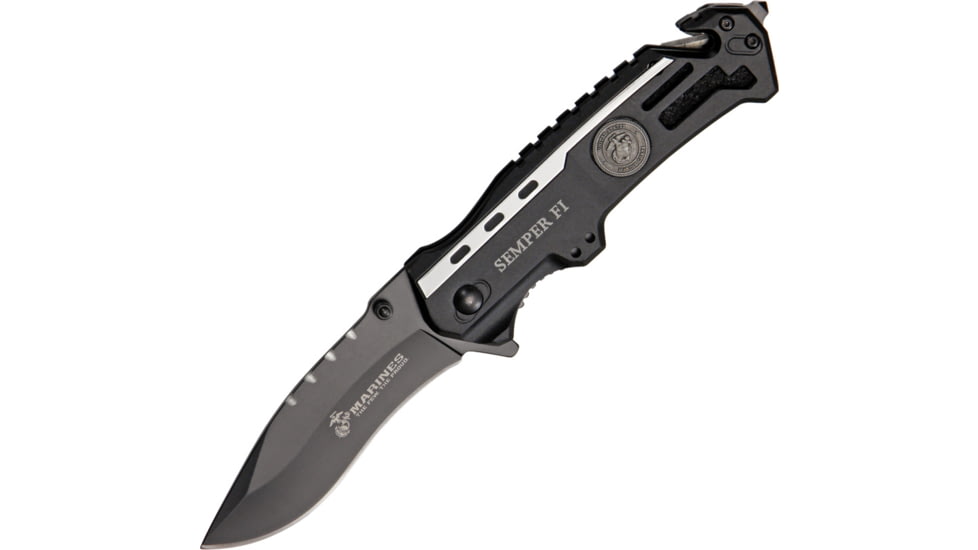 USMC Marines Rescue Linerlock,black finish stainless standard edge drop point blade USM1002DP