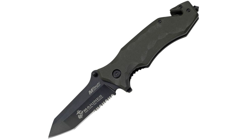 USMC Marines SGT Linerlock A/O Gr Folding Knife,3.5in,Stainless Steel,Partially Serrated,Tanto,Black,Green,G10 Handle USMA1028GS