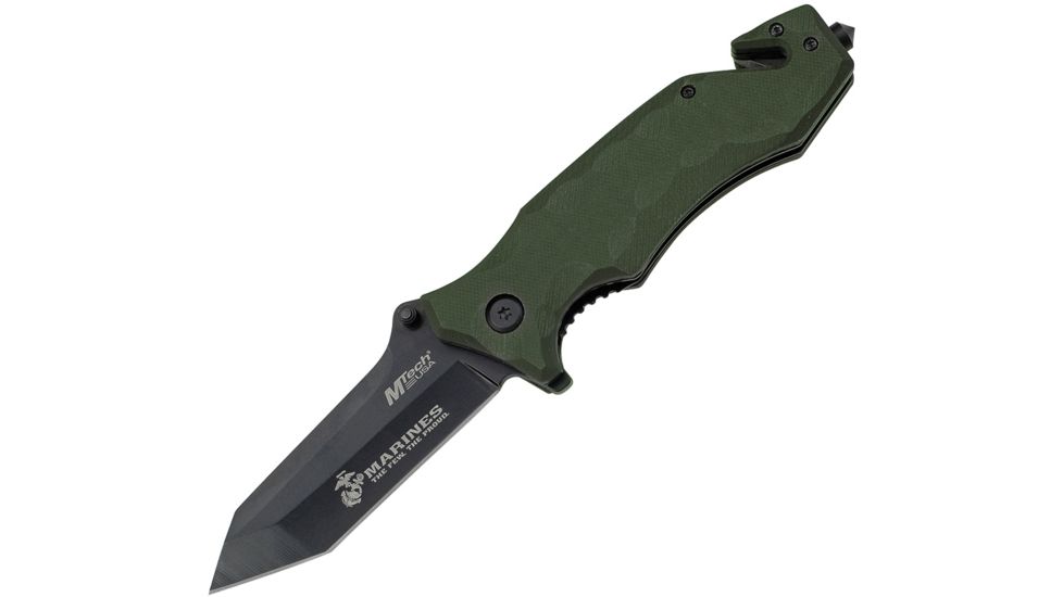 USMC Marines SGT Linerlock A/O Gr Folding Knife,3.5in,Stainless Steel,Standard Edge,Tanto,Black,Green,G10 Handle USMA1028GP