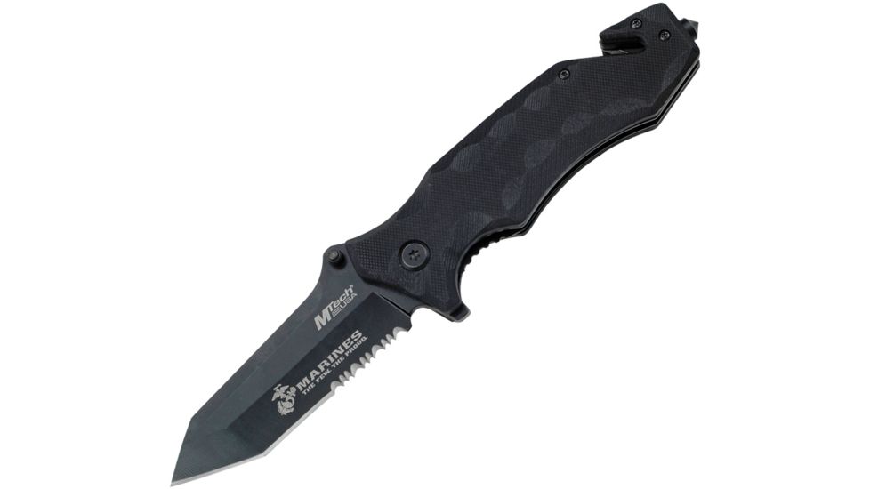 USMC Marines SGT Linerlock Black Folding Knife,3.5in,Stainless Steel,Partially Serrated,Tanto,Black G10 Handle USMA1028BS