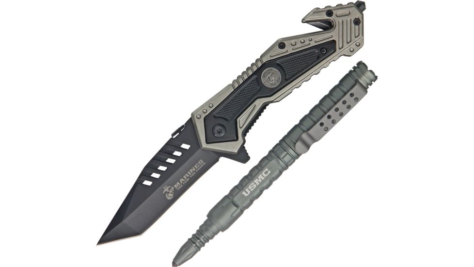 USMC Rescue Knife/Tactical Pen Folding Knife,3.25in,Tanto,Gray,Aluminum Handle USM4001GY