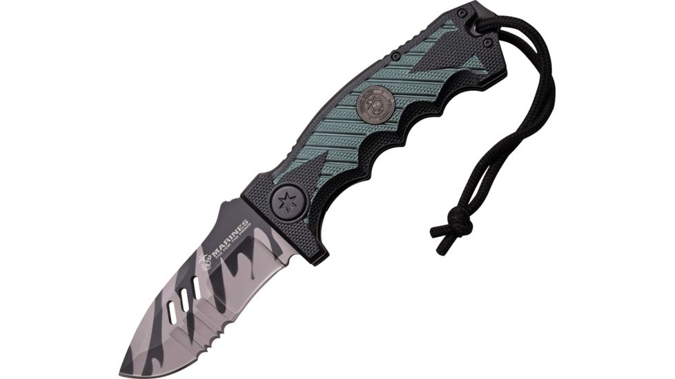 USMC Stronghold Linerlock A/O Folding Knife,3.5in,Stainless Steel,Partially Serrated,Black and Green,Aluminum Handle USMA1041UC
