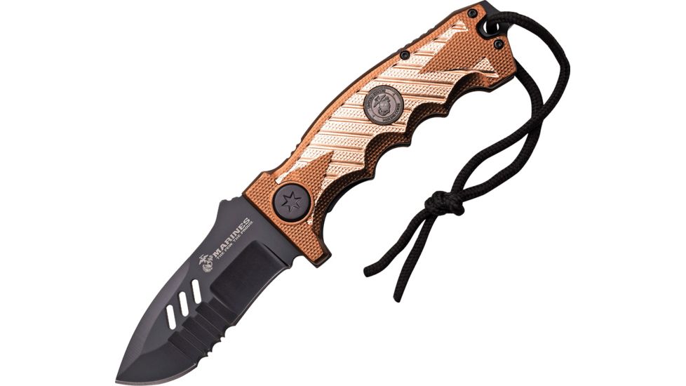 USMC Stronghold Linerlock A/O Folding Knife,3.5in,Stainless Steel,Partially Serrated,Brown and Bronze,Aluminum Handle USMA1041TN