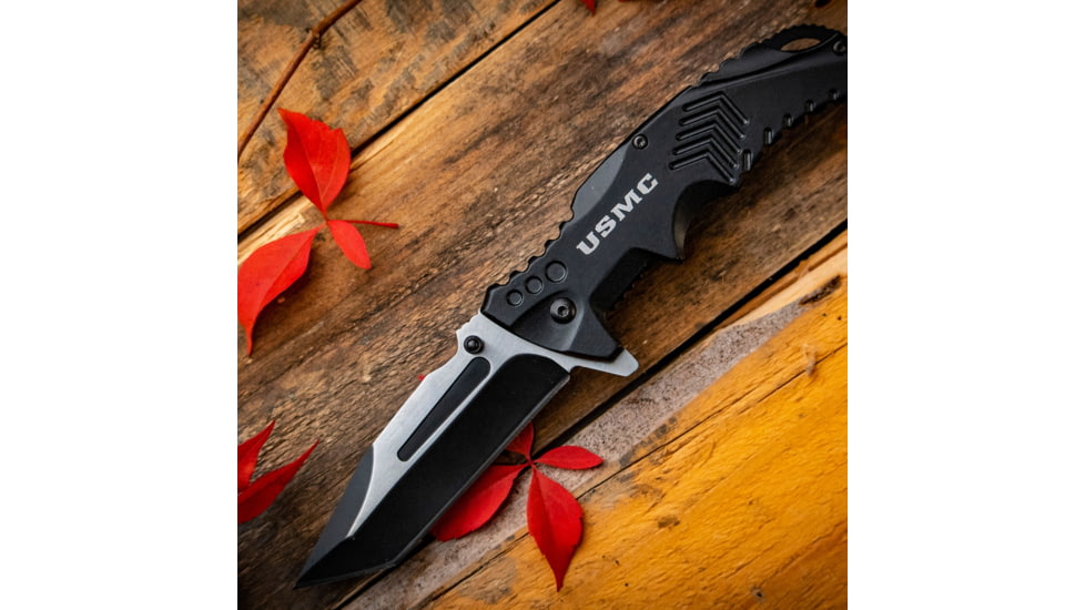 USMC Tanto Spring Assisted Knife w/Pocket Clip, 3.5 in, 3Cr13 Stainless Steel Stainless Steel, Black, M-A1058BK
