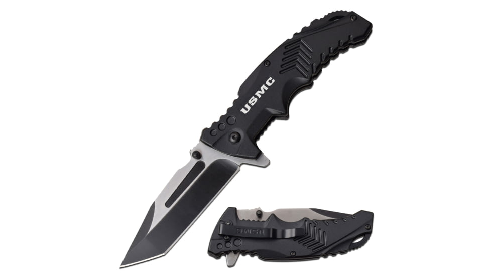 USMC Tanto Spring Assisted Knife w/Pocket Clip, 3.5 in, 3Cr13 Stainless Steel Stainless Steel, Black, M-A1058BK