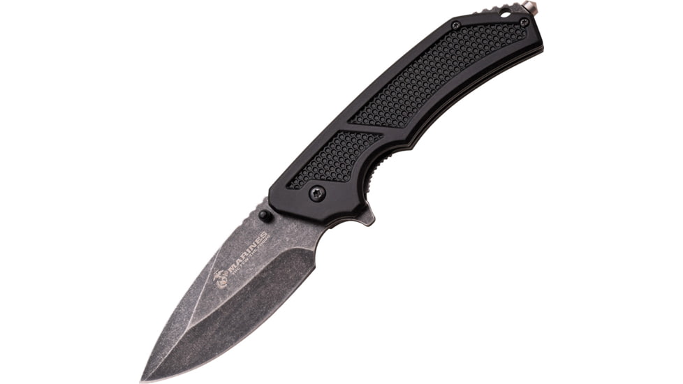 USMC The Specialist Linerlock A/O Folding Knife,3.75in,Stainless Steel,Black Stonewash,Black,Aluminum Handle USMA1047BK