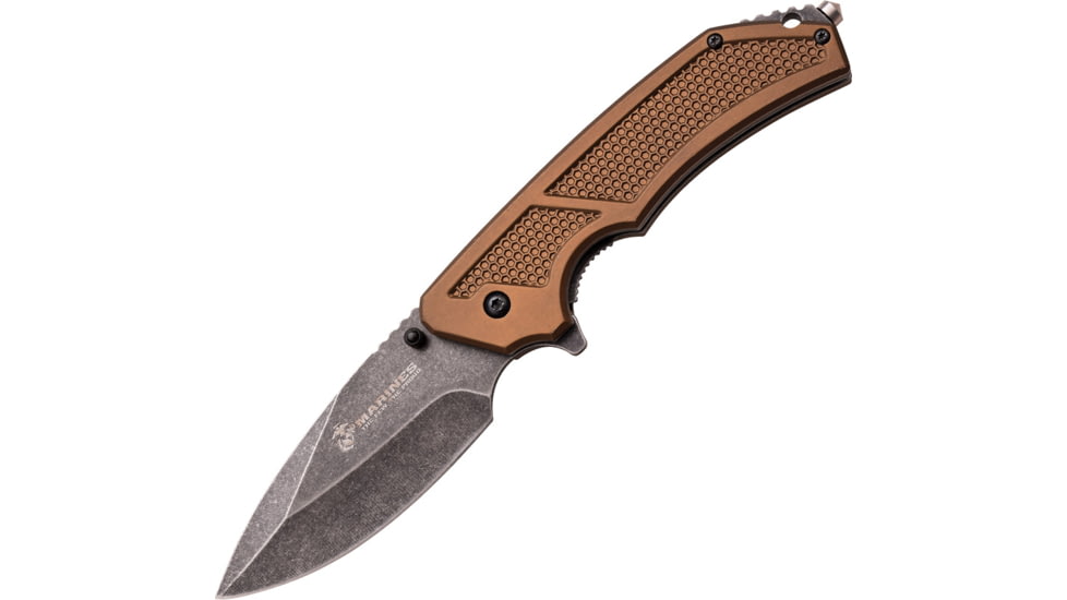 USMC The Specialist Linerlock A/O Folding Knife,3.75in,Stainless Steel,Black Stonewash,Brown,Aluminum Handle USMA1047TN