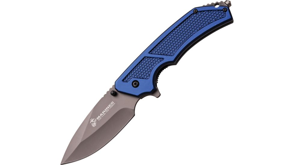USMC The Specialist Linerlock A/O Folding Knife,3.75in,Stainless Steel,Gray Finish,Blue,Aluminum Handle USMA1047BL