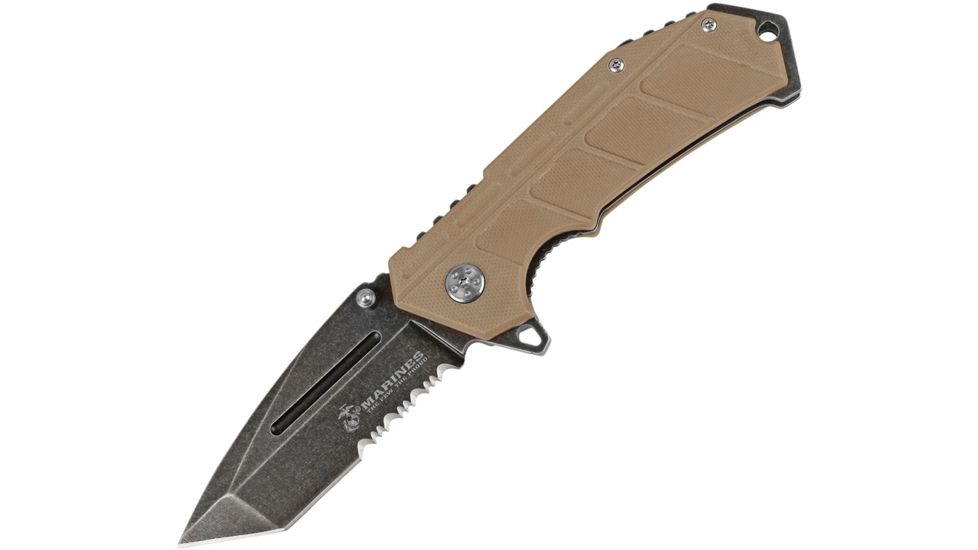 USMC US Marines Linerlock Tan Folding Knife,3.5in,Partially Serrated,Tanto,Desert Tan,G10 Handle USM1034TS