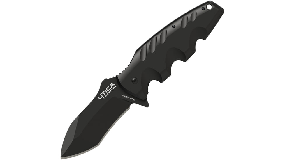Utica Burlyman Linerlock Folding Knife, 3.63 black oxide coated 8Cr13MoV stainless blade, Black finger grooved G10 handle, 91-1213CP