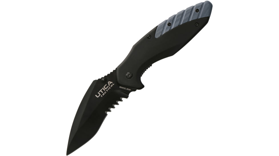Utica Dark Sky I Linerlock Folding Knife, 3.5 black oxide coated partially serrated 8Cr13Mo, Black aluminum handle with Blue G10 insert, 91-1219CP