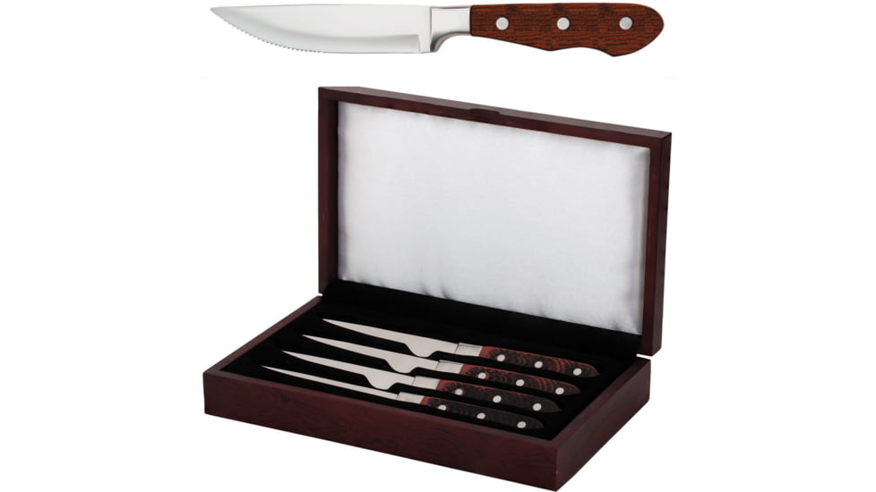 Utica Hunter Steak Knife Set, 5 partially serrated stainless blade, Black and red Delrin handle, 75-940528S4