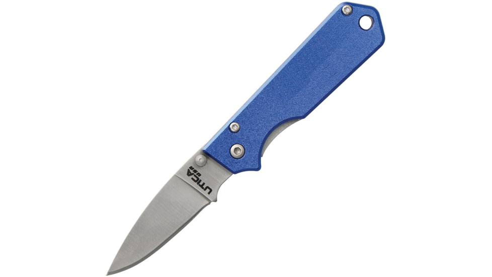 Utica Linerlock Blue Folding Knife, 2 satin finish stainless blade, Blue aluminum handle, 11-2012B