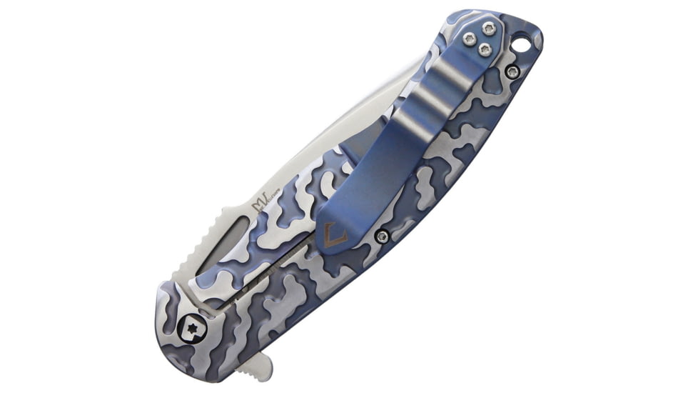 V NIVES Atmosphere Framelock Knife, Atmosphere Framelock, 4.63in Closed, 3.5in Satin S35Vn SS Drop Point, Blue/Silver Sculpted Titanium Handle, Pocket Clip, Storage Case., V02TIPBL