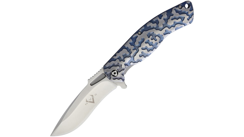 V NIVES Atmosphere Framelock Knife, Atmosphere Framelock, 4.63in Closed, 3.5in Satin S35Vn SS Drop Point, Blue/Silver Sculpted Titanium Handle, Pocket Clip, Storage Case., V02TIPBL