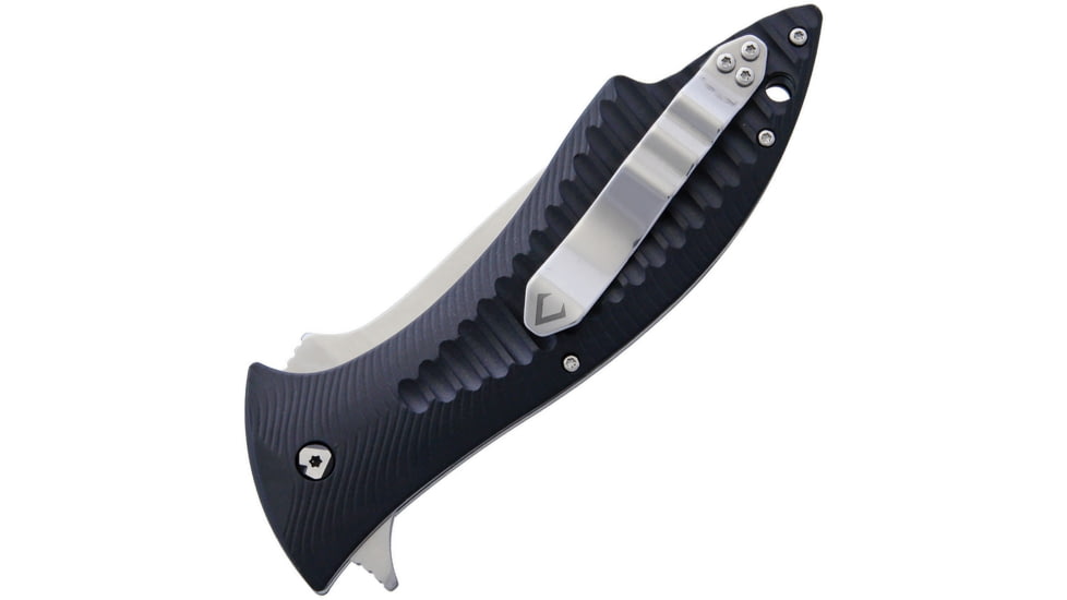 V NIVES Deplorable Linerlock Folding Knife, 5.5in Closed, 4in Satin Aus-8 SS Blade, Black Grooved Frn Handle, Pocket Clip, Storage Case., V15FRNPBK