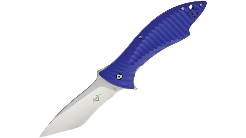 V NIVES Deplorable Linerlock Folding Knife, 5.5in Closed, 4in Satin Aus-8 SS Blade, Blue Grooved Frn Handle, Pocket Clip, Storage Case., V15FRNPBL