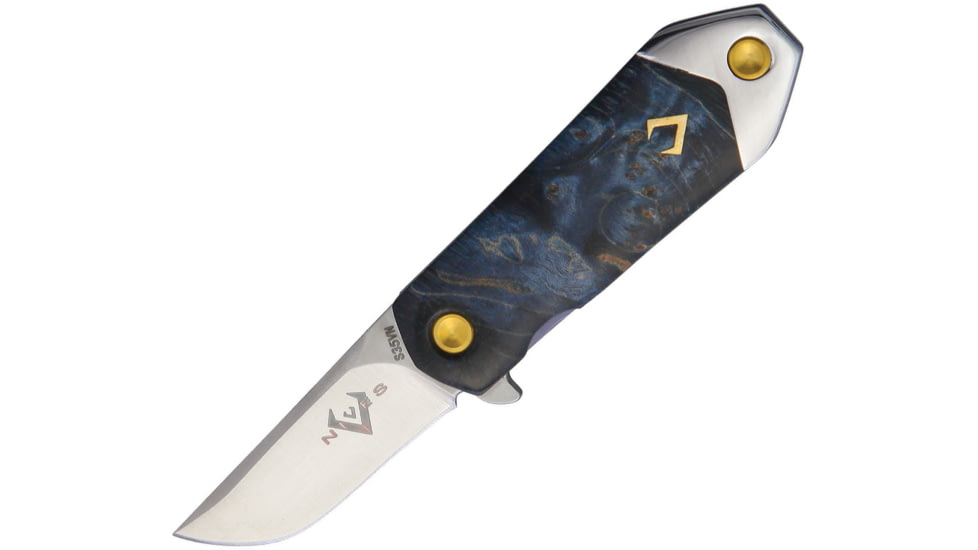 V NIVES KillaBite Framelock Blue Folding Knife, 1.5 satin finish S35VN stainless blade, Blue wood handle with blue titanium back handle, V22WPBL