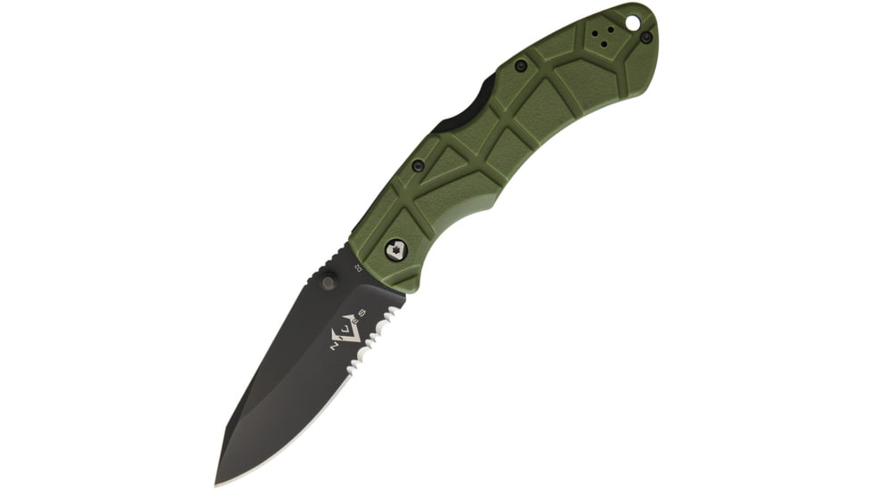 V NIVES Lockback Folding Knife, 3.25 black finish partially serrated D2 tool stee, OD green sculpted FRN handle, V09FRNPSBGR